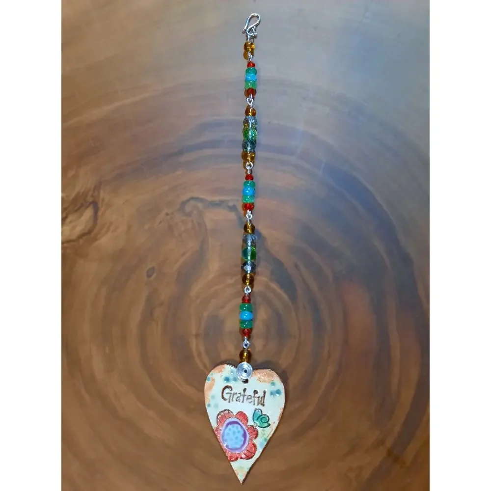 Artisan Beaded Suncatcher Ceramic Heart GRATEFUL Colorful Crystals Floral Mobile